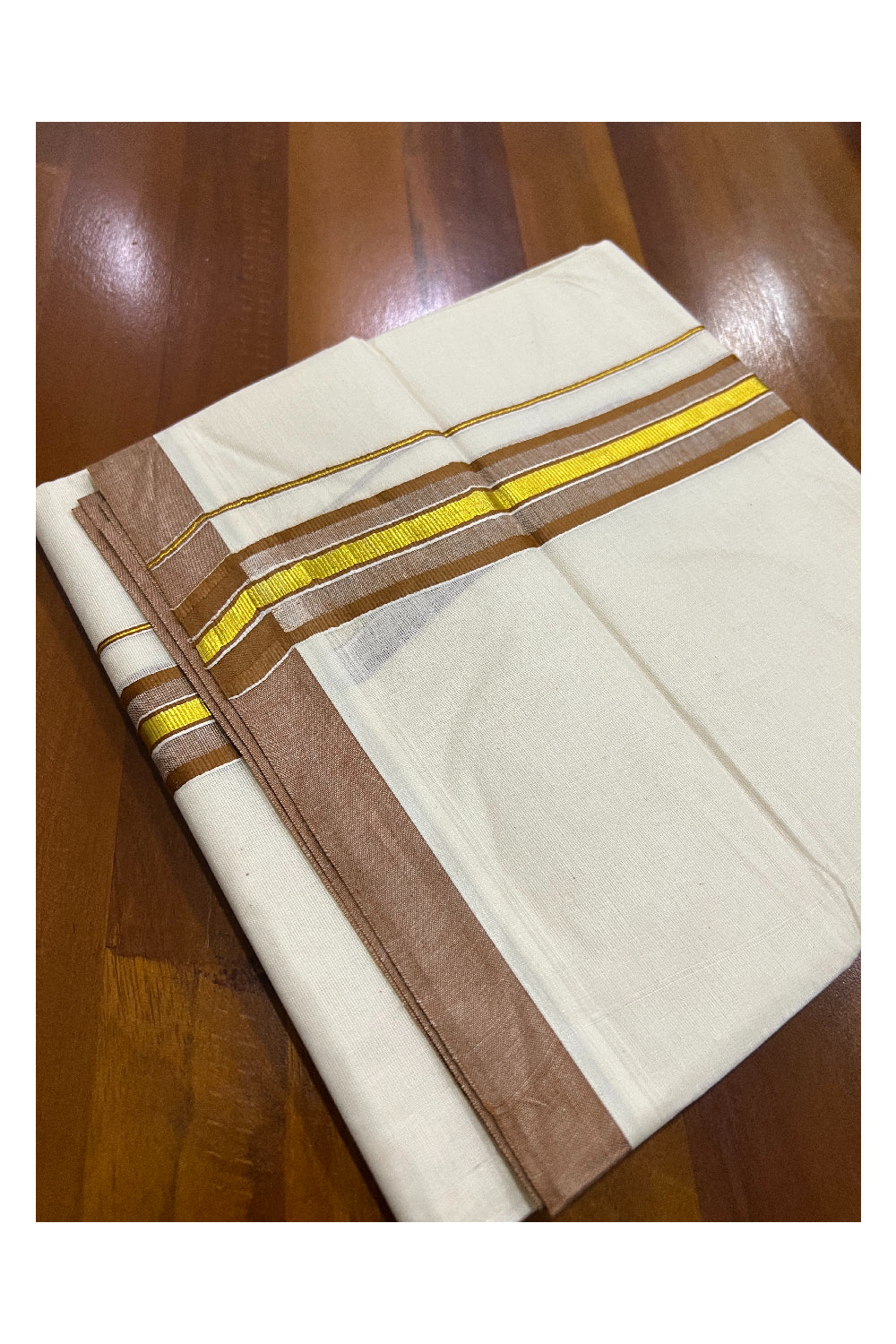 Pure Cotton Off White Double Mundu with Brown and Kasavu Border (South Indian Dhoti)