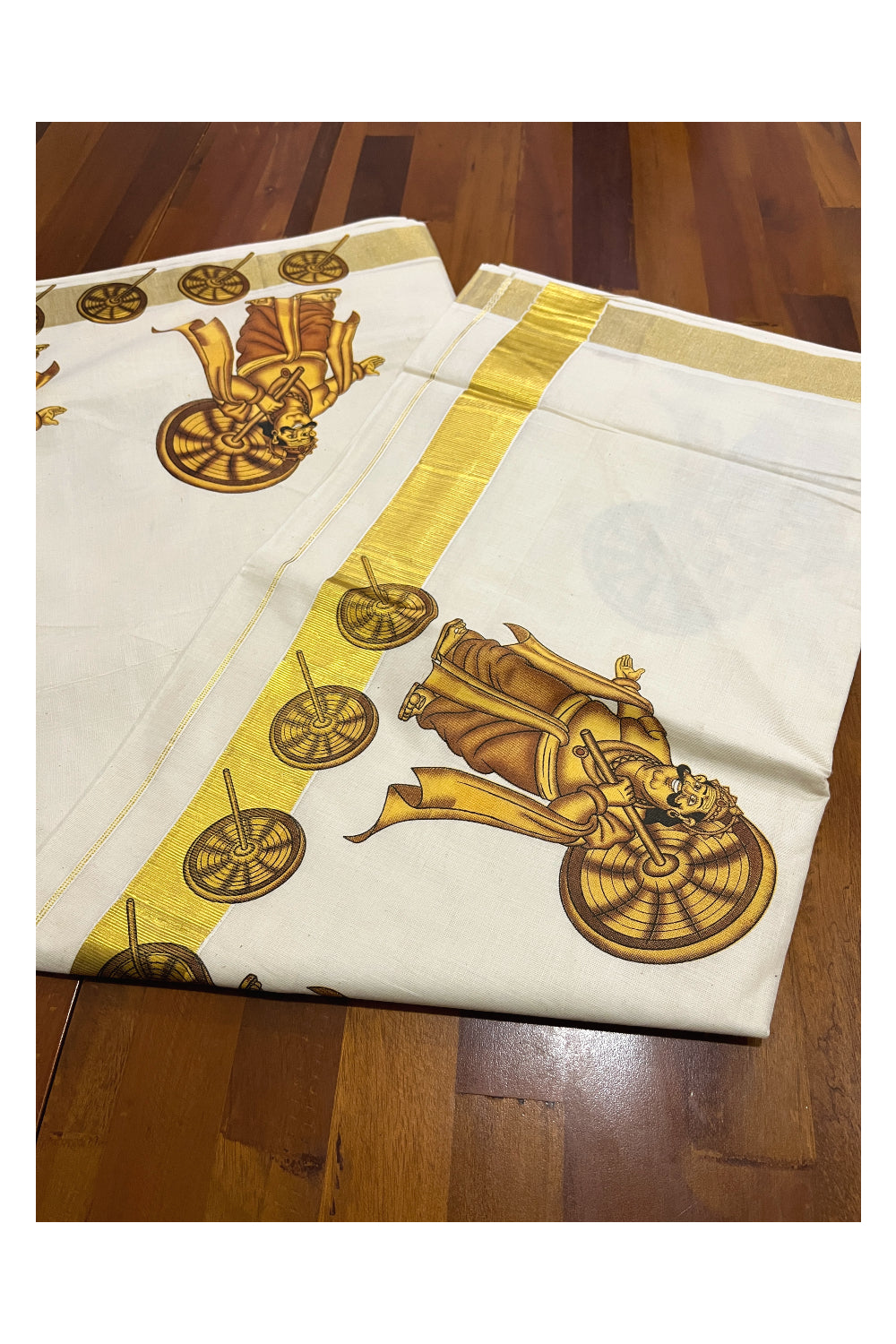 Kerala Pure Cotton Saree with Onam Maveli Prints and Printed Kasavu Border