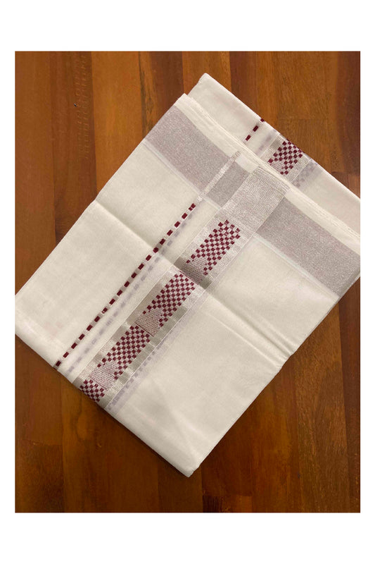 Southloom Handloom Premium Silver Kasavu Dhoti with Maroon Woven Design Border