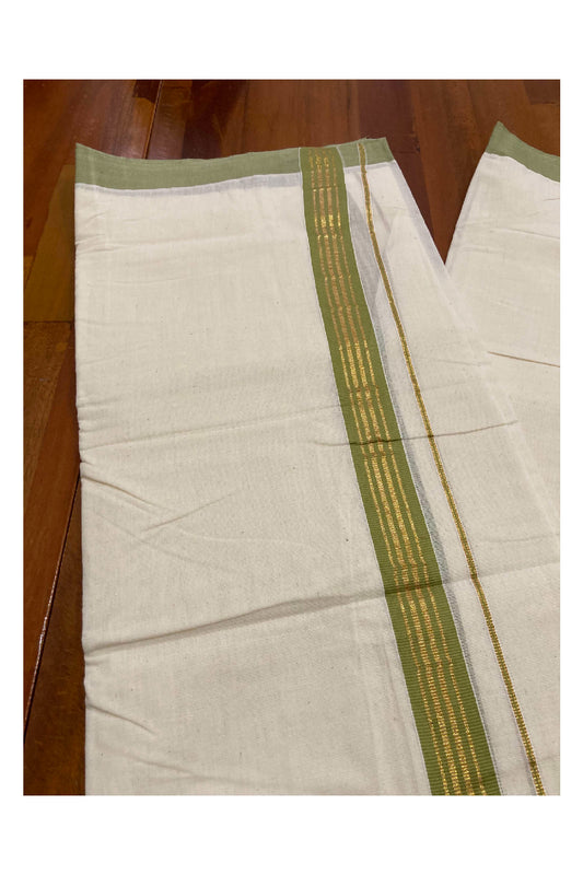 Off White Cotton Mundu with Pale Green and Kasavu Border (South Indian Dhoti)