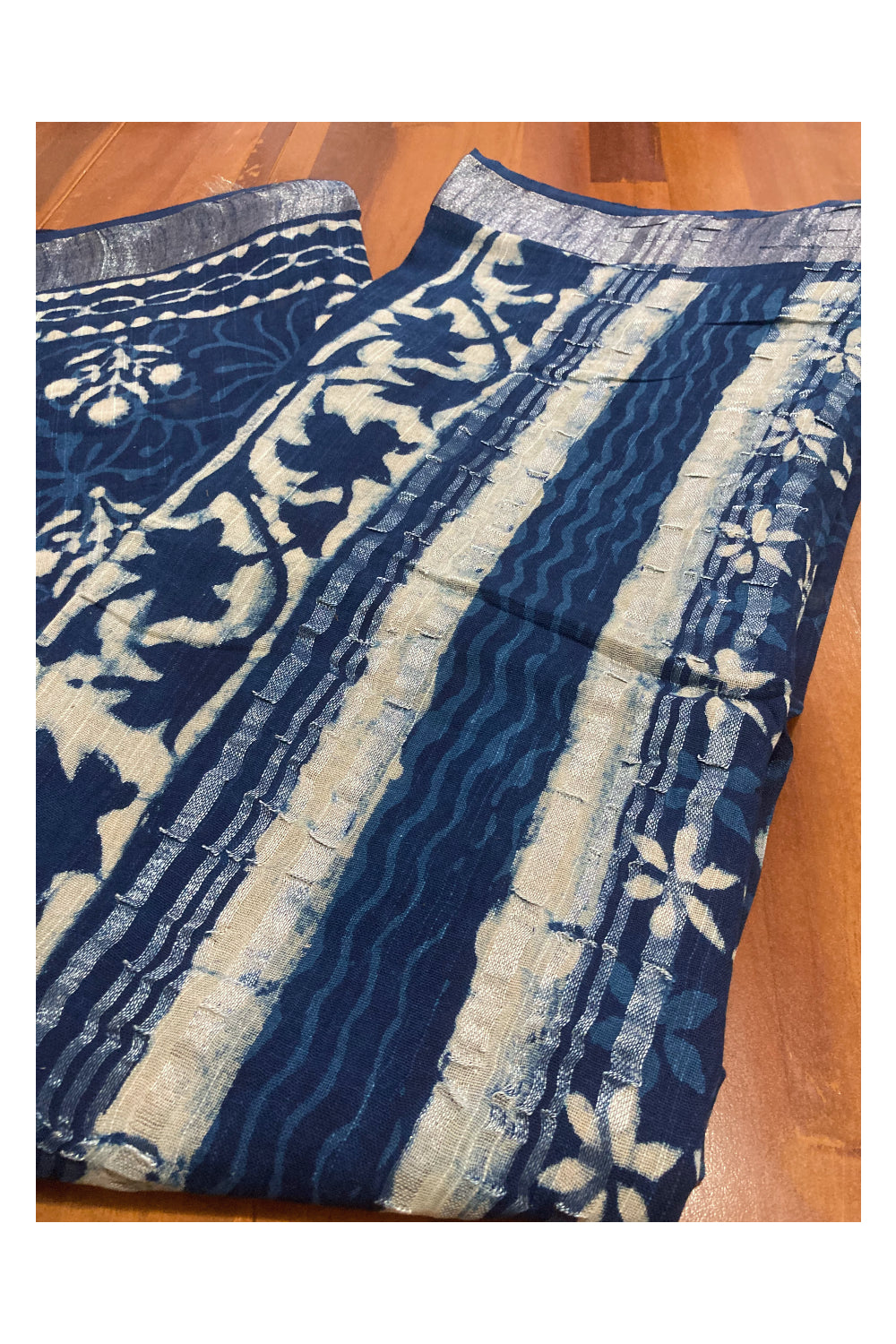 Southloom Linen Indigo Blue Saree with White Designer Prints and Tassels works on Pallu