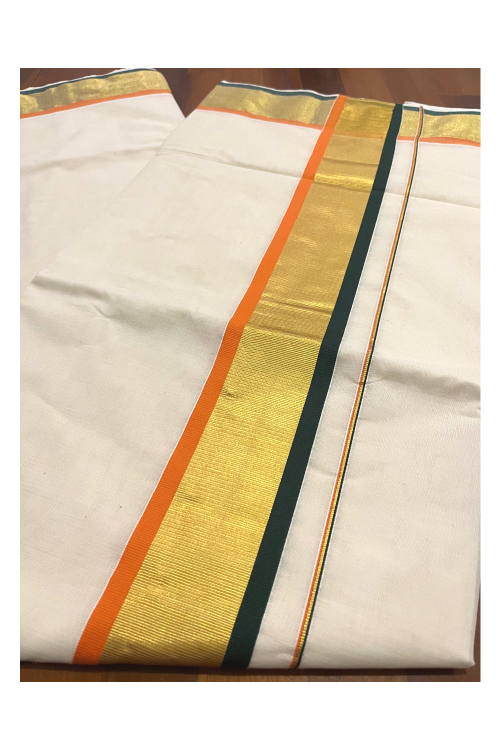 Pure Cotton Kerala Saree with Kasavu Green and Orange Border