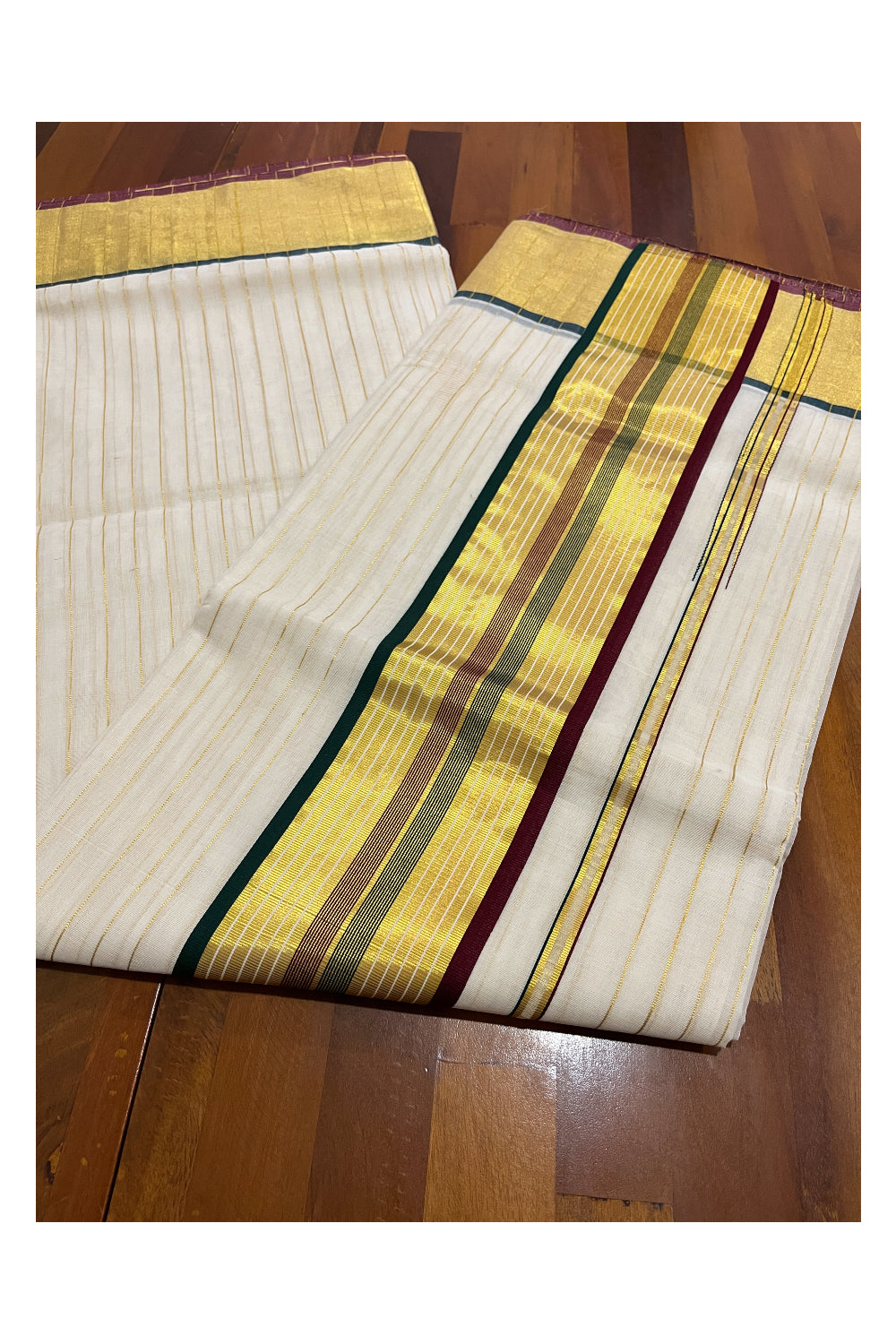 Southloom™ Original Handloom Cotton Saree with Maroon Green Border and Kasavu Lines Across Body