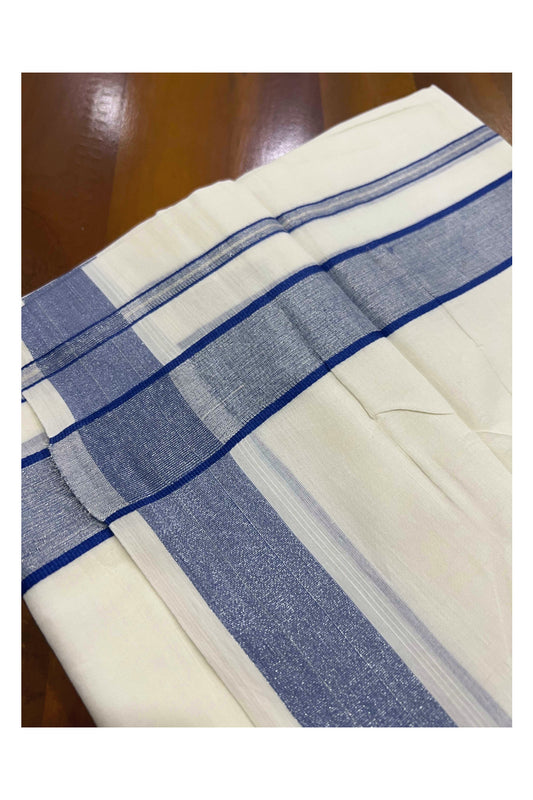 Pure White Cotton Mundu with Silver Blue Kara (South Indian Dhoti)