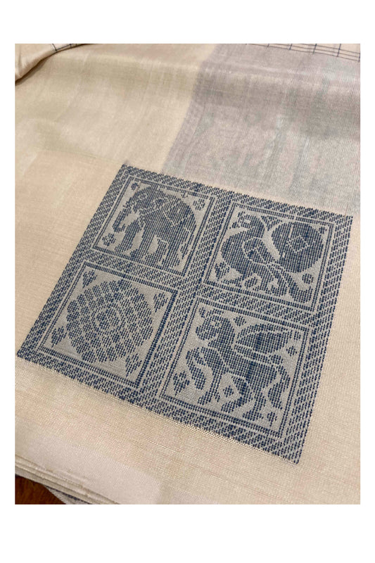 Southloom Handloom Pure Silk Kanchipuram Saree in Cream Checkered and Elephant Motifs
