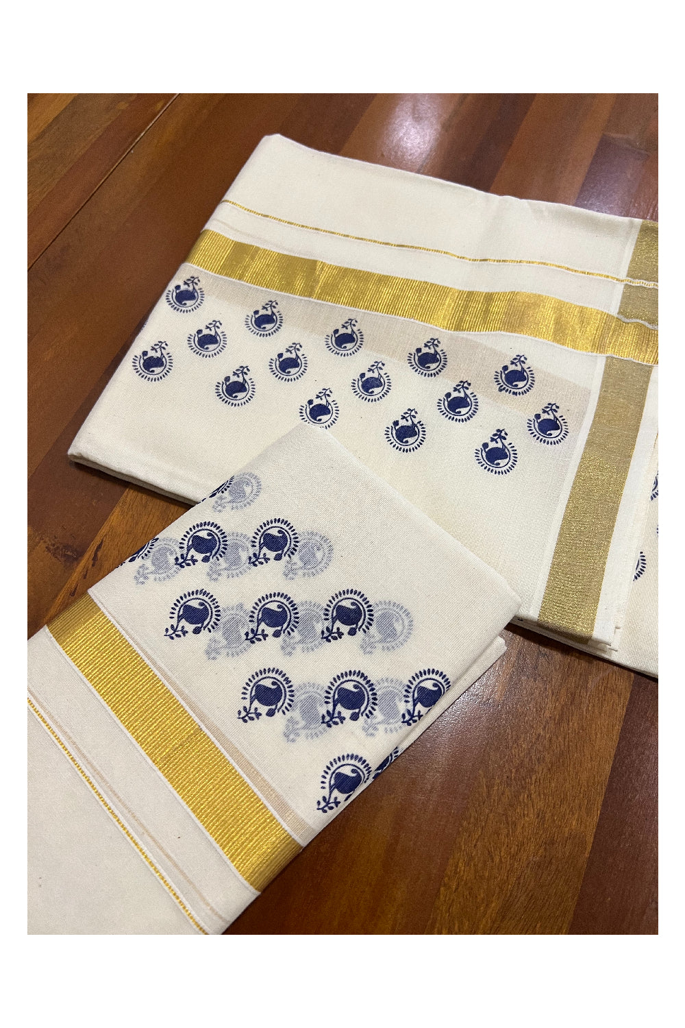 Kerala Cotton Kasavu Set Mundu (Mundum Neriyathum) with Blue Paisley Block Prints on Border