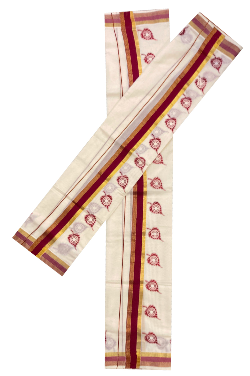 Pure Cotton Kasavu Set Mundu (Mundum Neriyathum) with Maroon Leaf Block Prints on Border