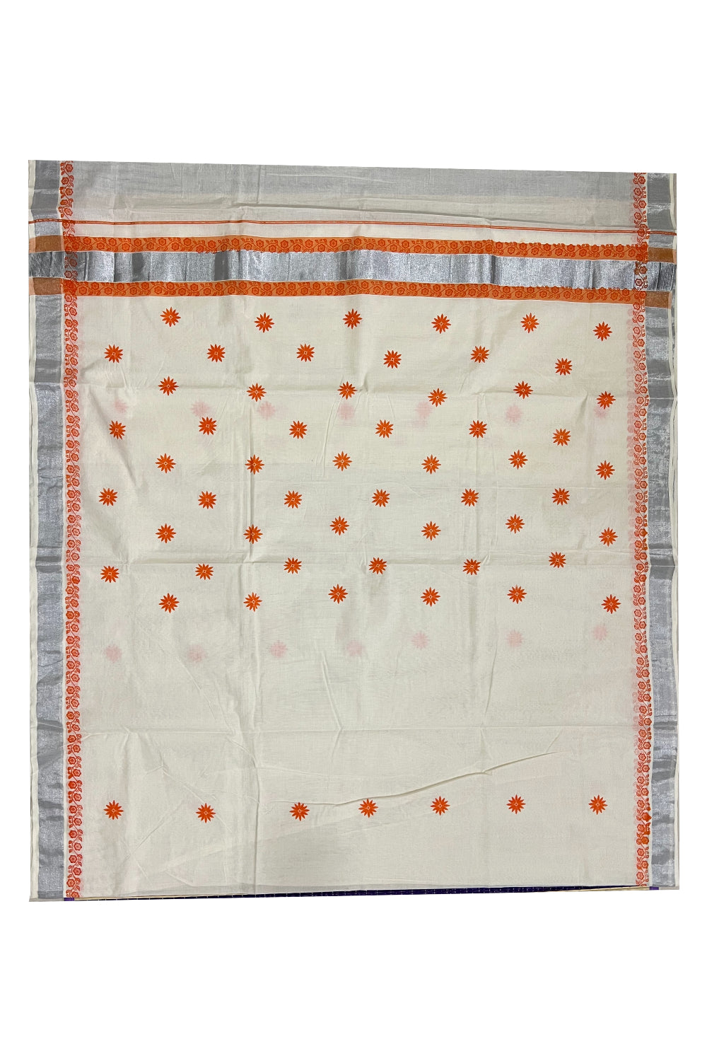 Pure Cotton Kerala Saree with Orange Block Printed Floral Design and Silver Kasavu Border