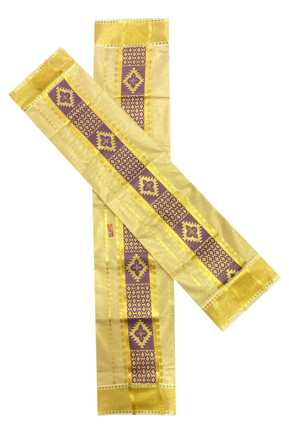 Kerala Tissue Kasavu Set Mundu (Mundum Neriyathum) with Violet Thread Work on Border 2.80 Mtrs