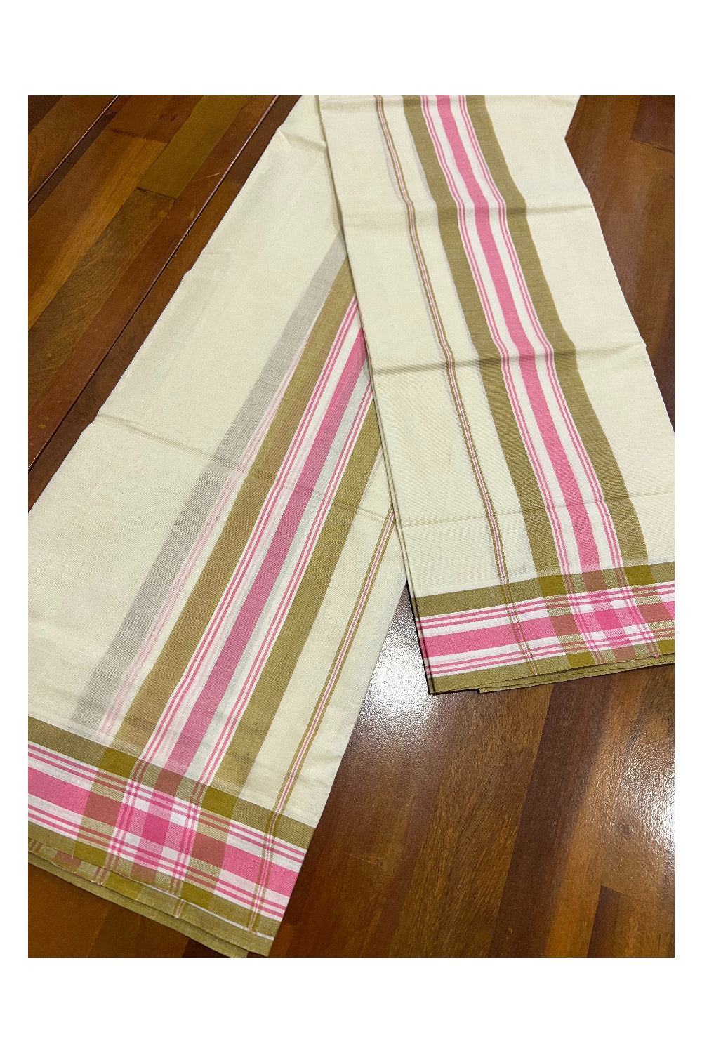 Kerala Cotton Mundum Neriyathum Single (Set Mundu) with Pink and Yellow Mulloth Border (Extra Soft Cotton)