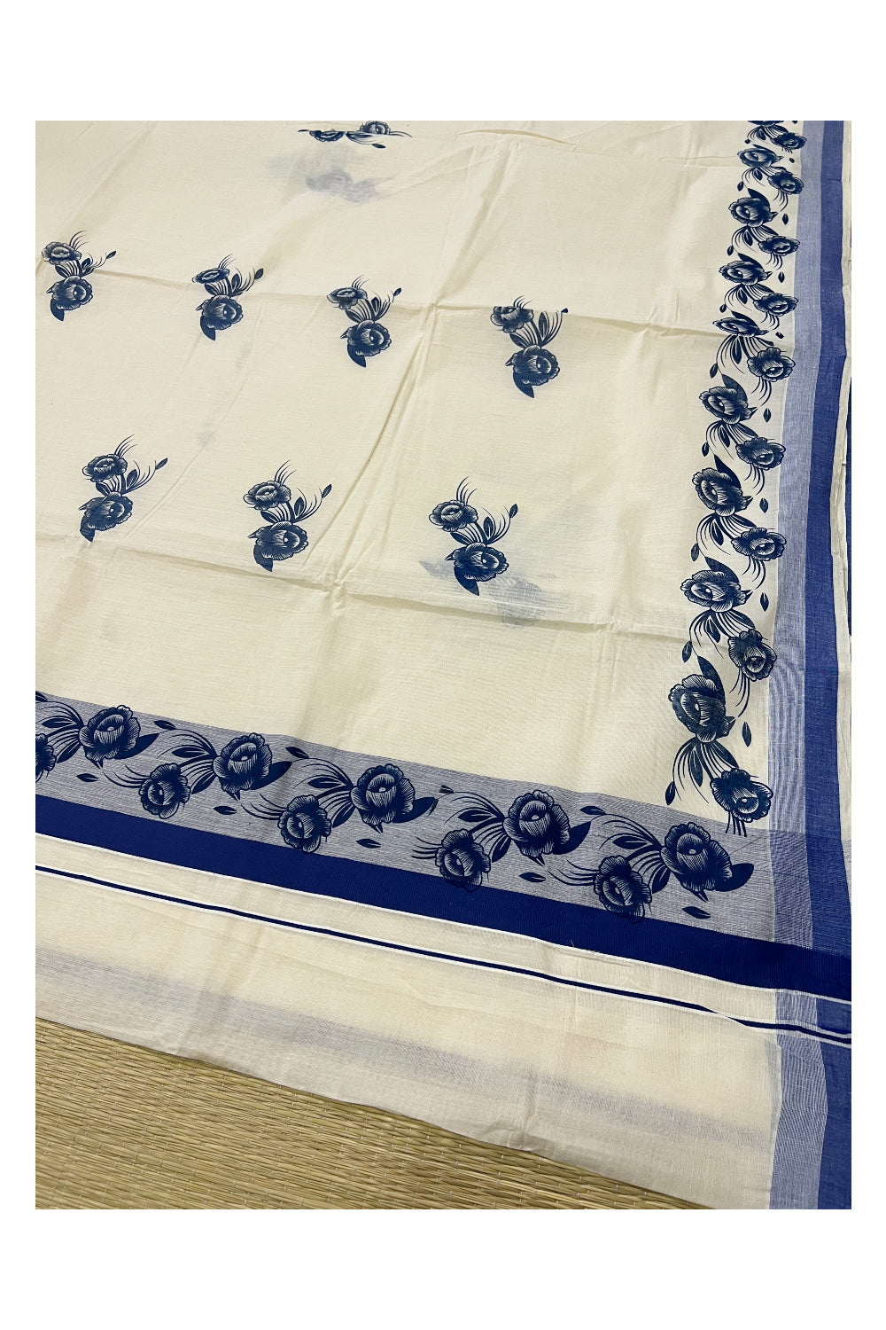 Pure Cotton Kerala Saree with Floral Blue Printed Design