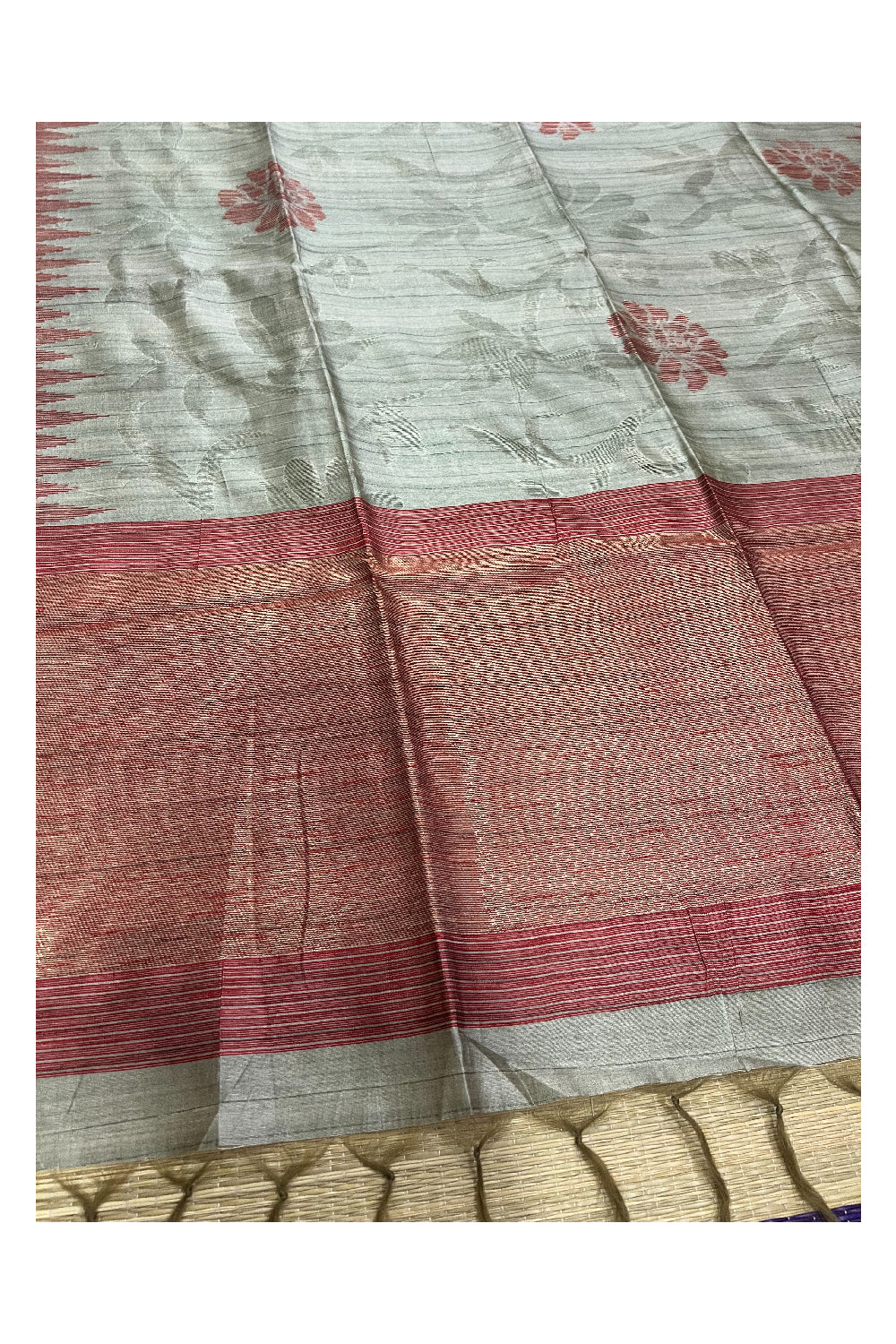 Southloom Grey Semi Tussar Designer Saree with Red Temple Border