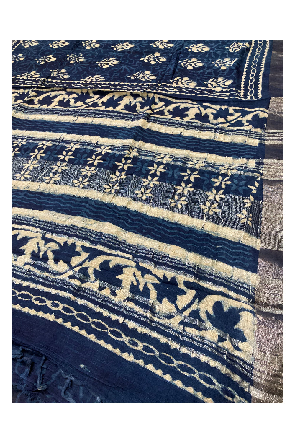 Southloom Linen Indigo Blue Saree with White Designer Prints and Tassels works on Pallu