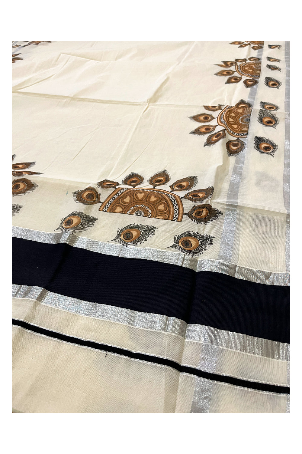 Pure Cotton Kerala Saree with Brown Peacock Feather Semi Circle Mural Prints and Silver Black Border