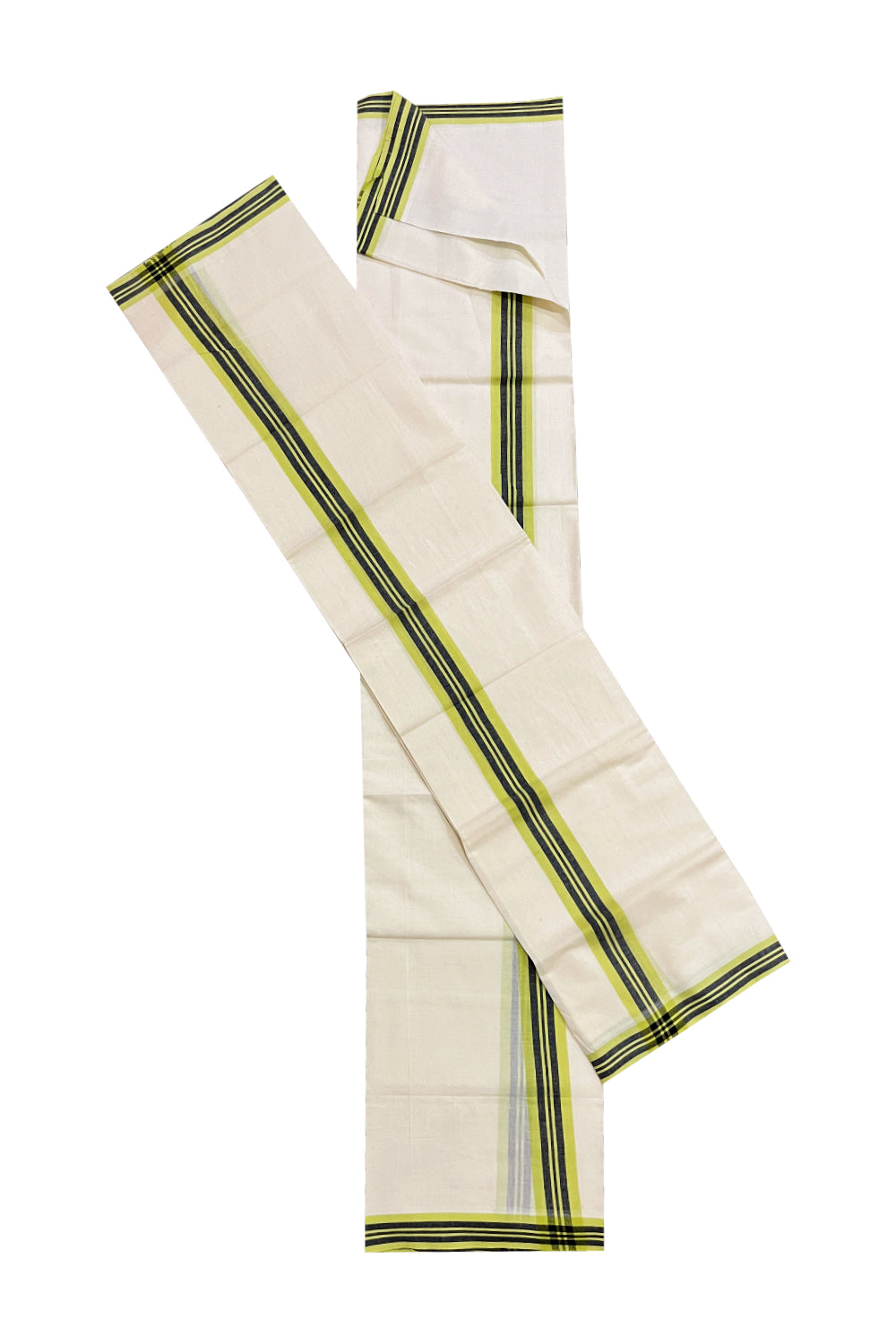 Kerala Cotton Mulloth Mundum Neriyathum Single (Set Mundu) with Green and Black Border (Extra Soft Cotton) 2.80 Mtrs