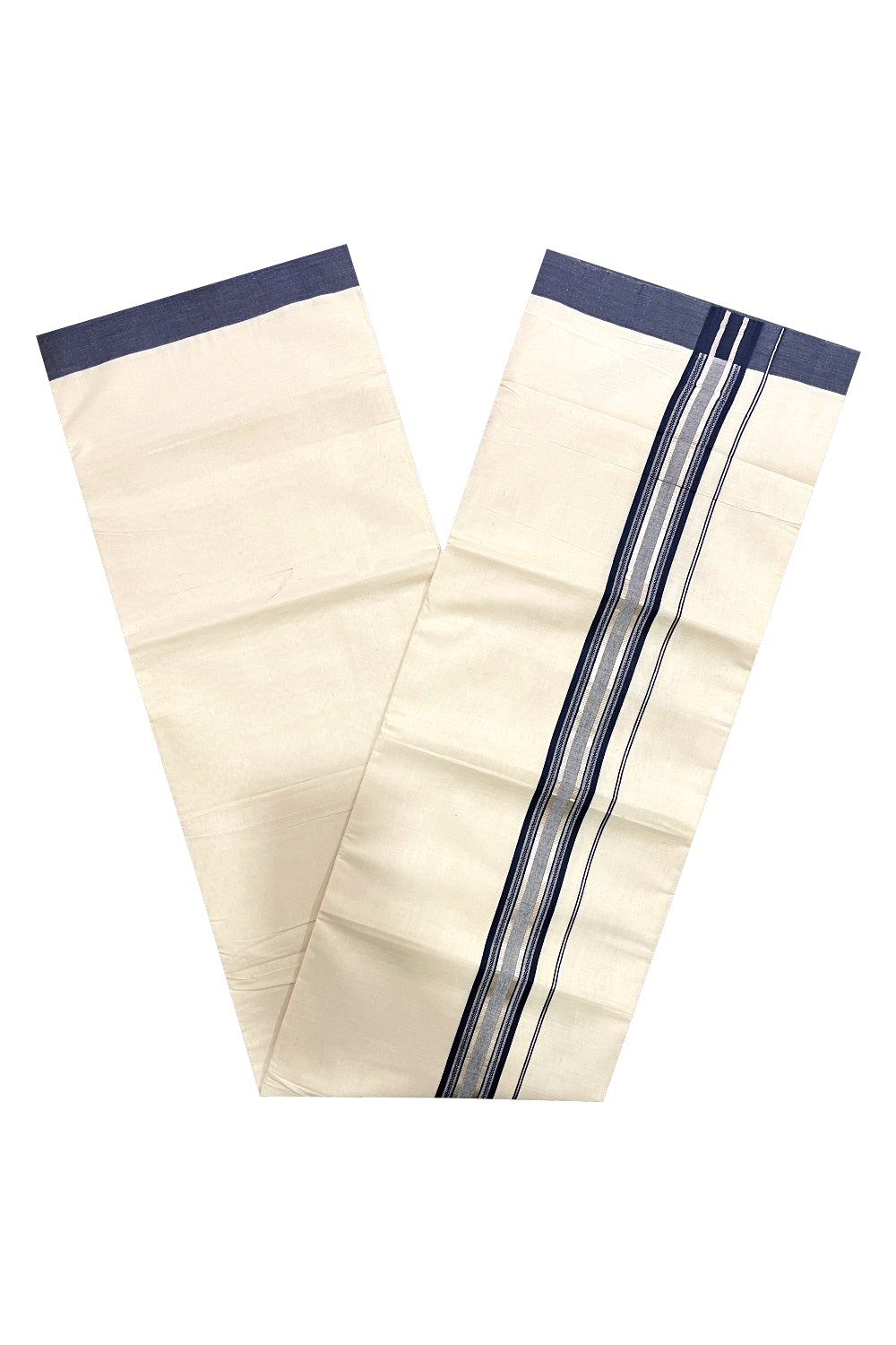 Pure Cotton Off White Double Mundu with Navy Blue and Silver Kara (South Indian Dhoti)