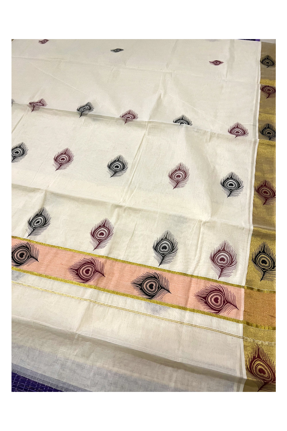 Pure Cotton Kerala Kasavu Saree with Maroon and Black Feather Block Printed Design