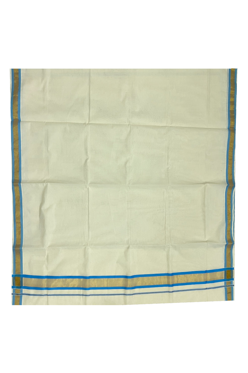 Pure Cotton Kerala Plain Saree with Kasavu and Light Blue Border