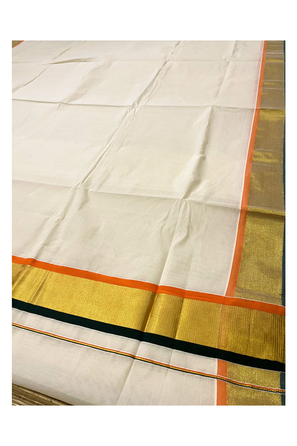 Pure Cotton Kerala Saree with Kasavu Green and Orange Border