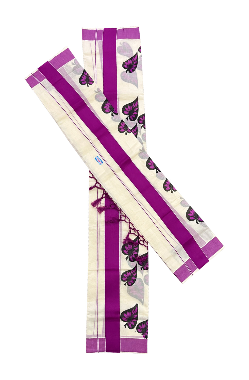 Kerala Cotton Set Mundu (Mundum Neriyathum) with Leaf Block Prints on Dark Magenta Border and Tassels Works