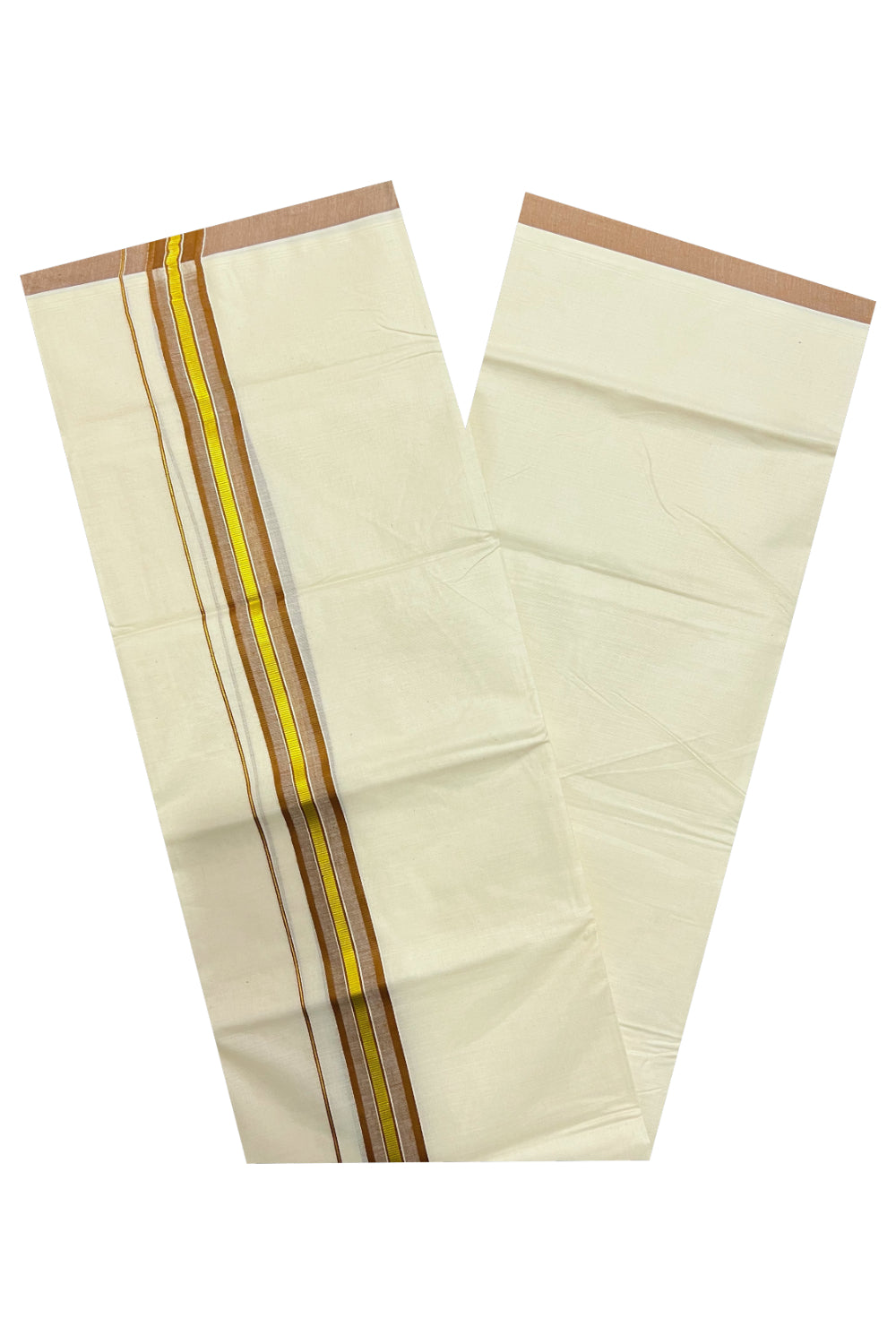 Pure Cotton Off White Double Mundu with Brown and Kasavu Border (South Indian Dhoti)