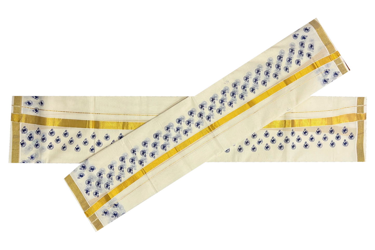 Kerala Cotton Kasavu Set Mundu (Mundum Neriyathum) with Blue Paisley Block Prints on Border