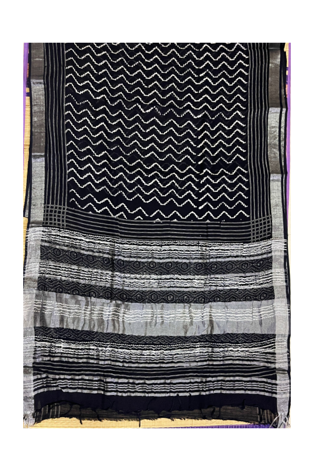 Southloom Linen Designer Black Saree with White Prints and Tassels Works