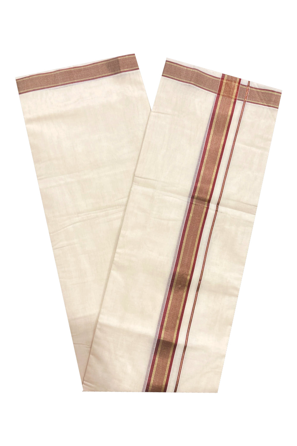 Southloom Premium Handloom Cotton Off White Mundu with Maroon and Kasavu Border (South Indian Dhoti)