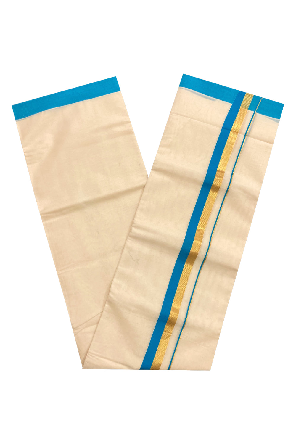 Off White Pure Cotton Double Mundu with Kasavu and Blue Border (South Indian Dhoti)