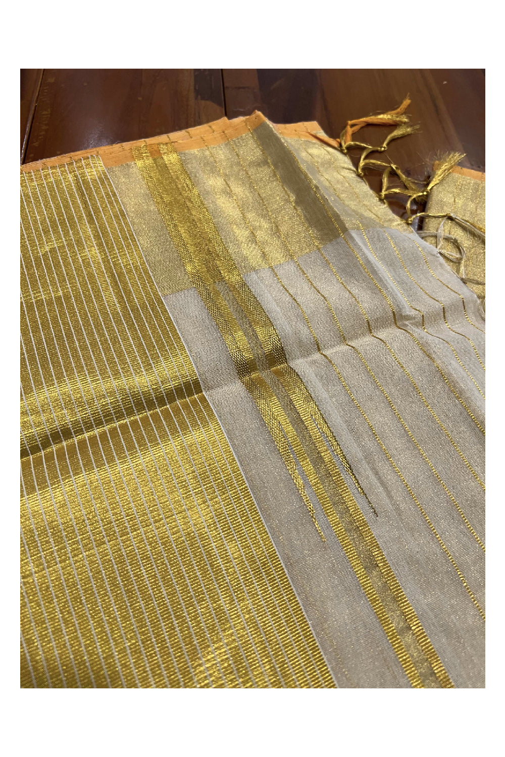 Southloom Balaramapuram Handloom Stripes Work Tissue Saree with 5 inch Lines Pallu