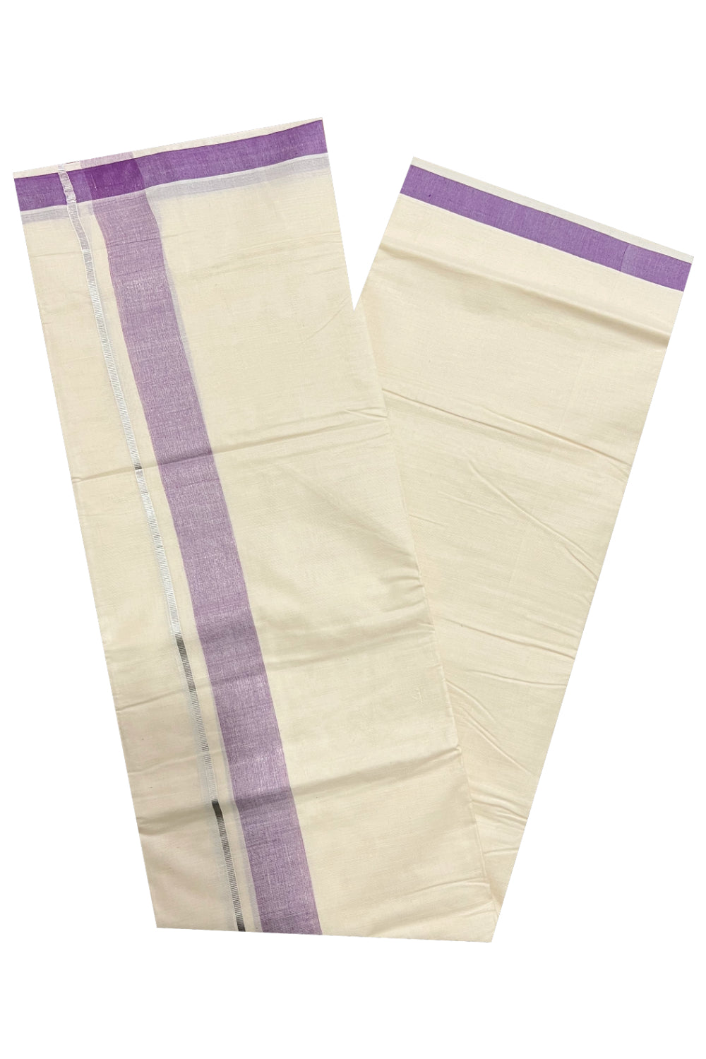 Pure Cotton Off White Double Mundu with Violet and Silver Kasavu Border (South Indian Dhoti)