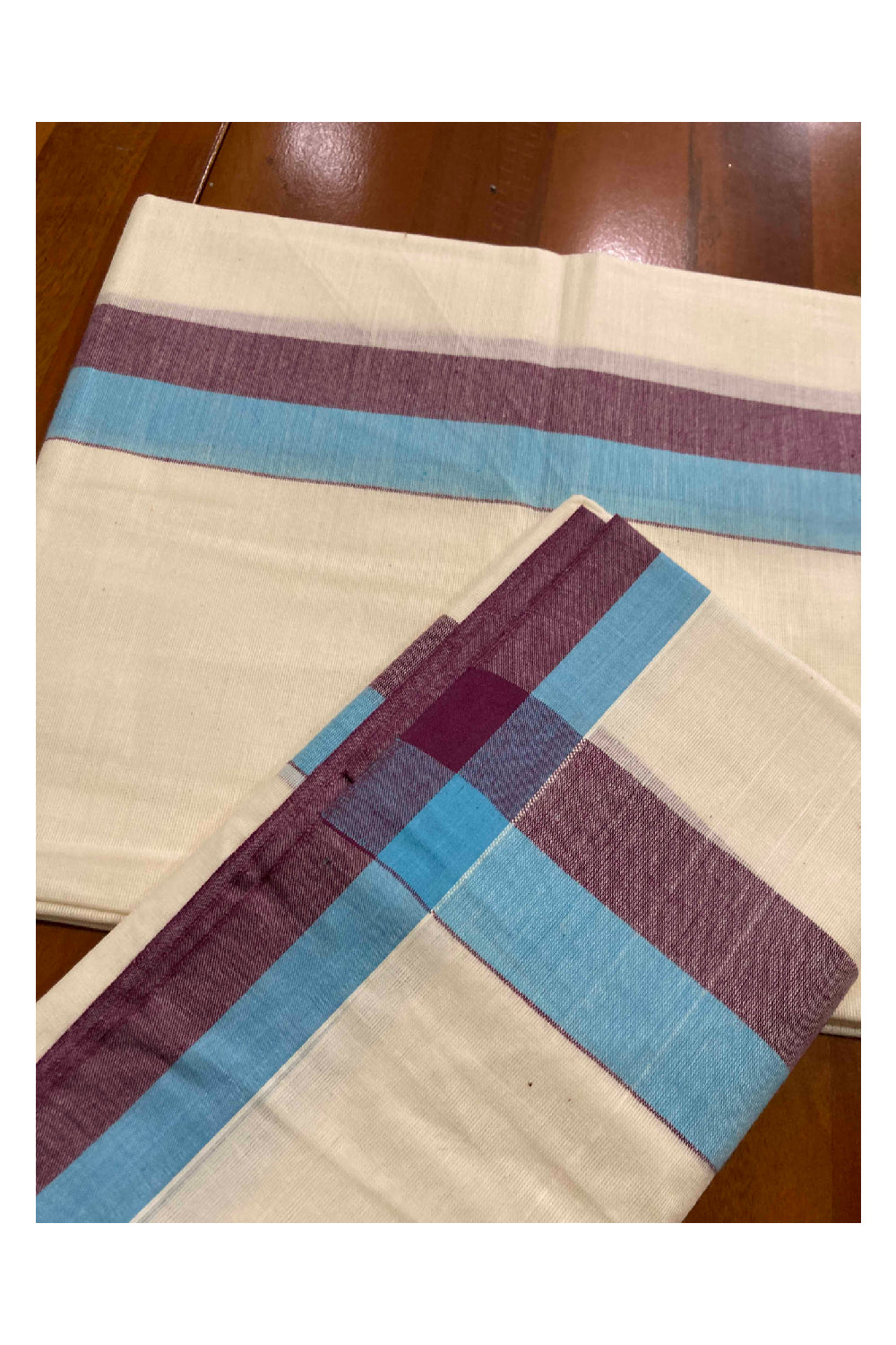 Kerala Cotton Mundum Neriyathum Single (Set Mundu) with Mulloth Design Light Blue and Purple Border (Extra Soft Cotton)