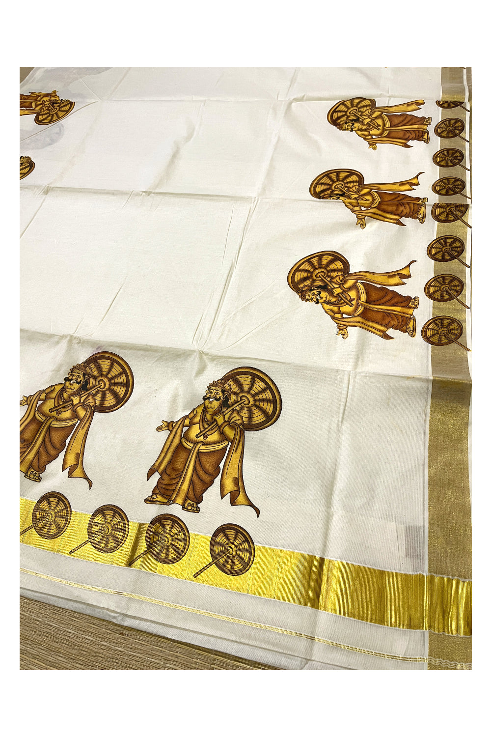 Kerala Pure Cotton Saree with Onam Maveli Prints and Printed Kasavu Border
