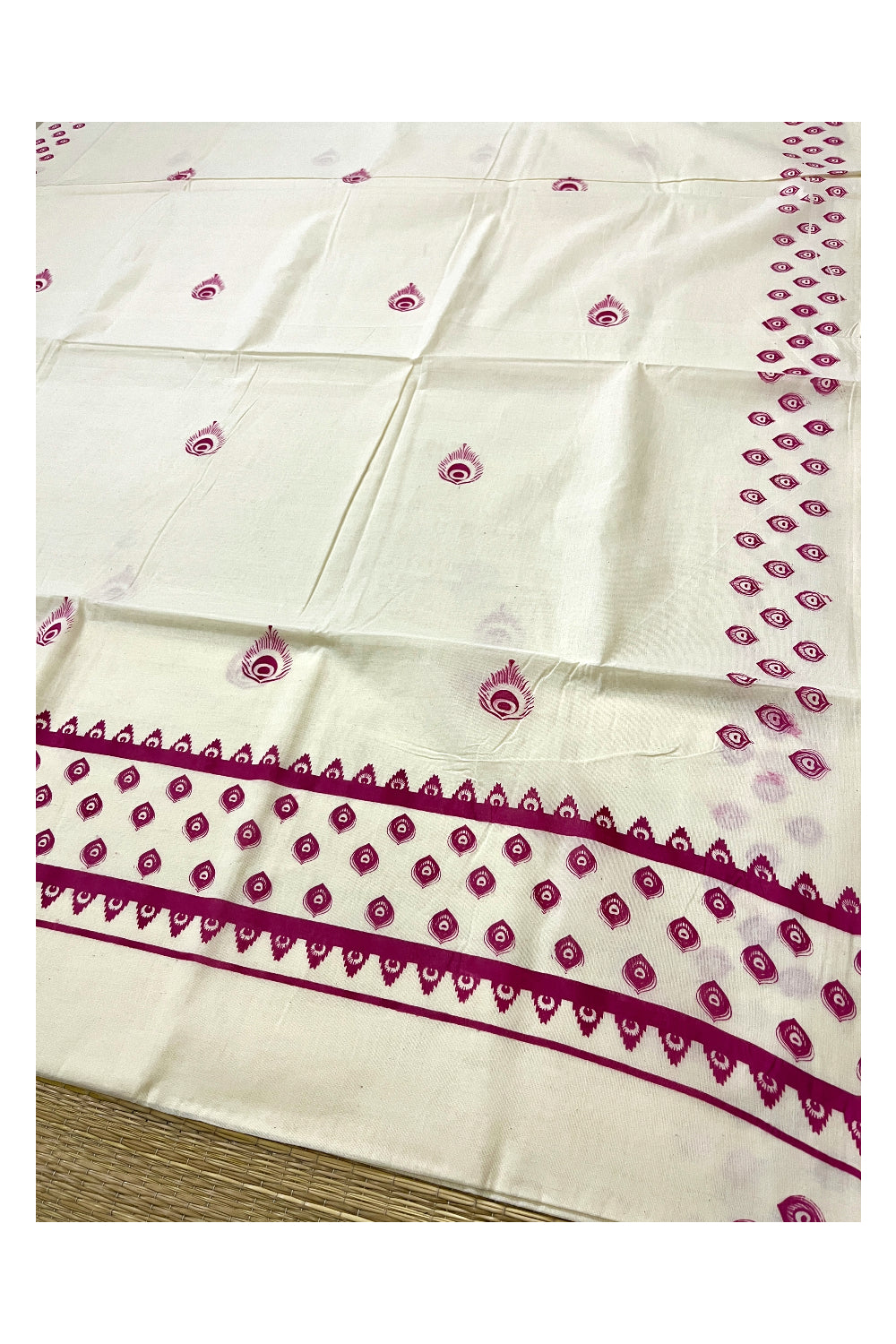 Pure Cotton Off White Kerala Saree with Pink Block Print Border (Onam 2024 Collection)