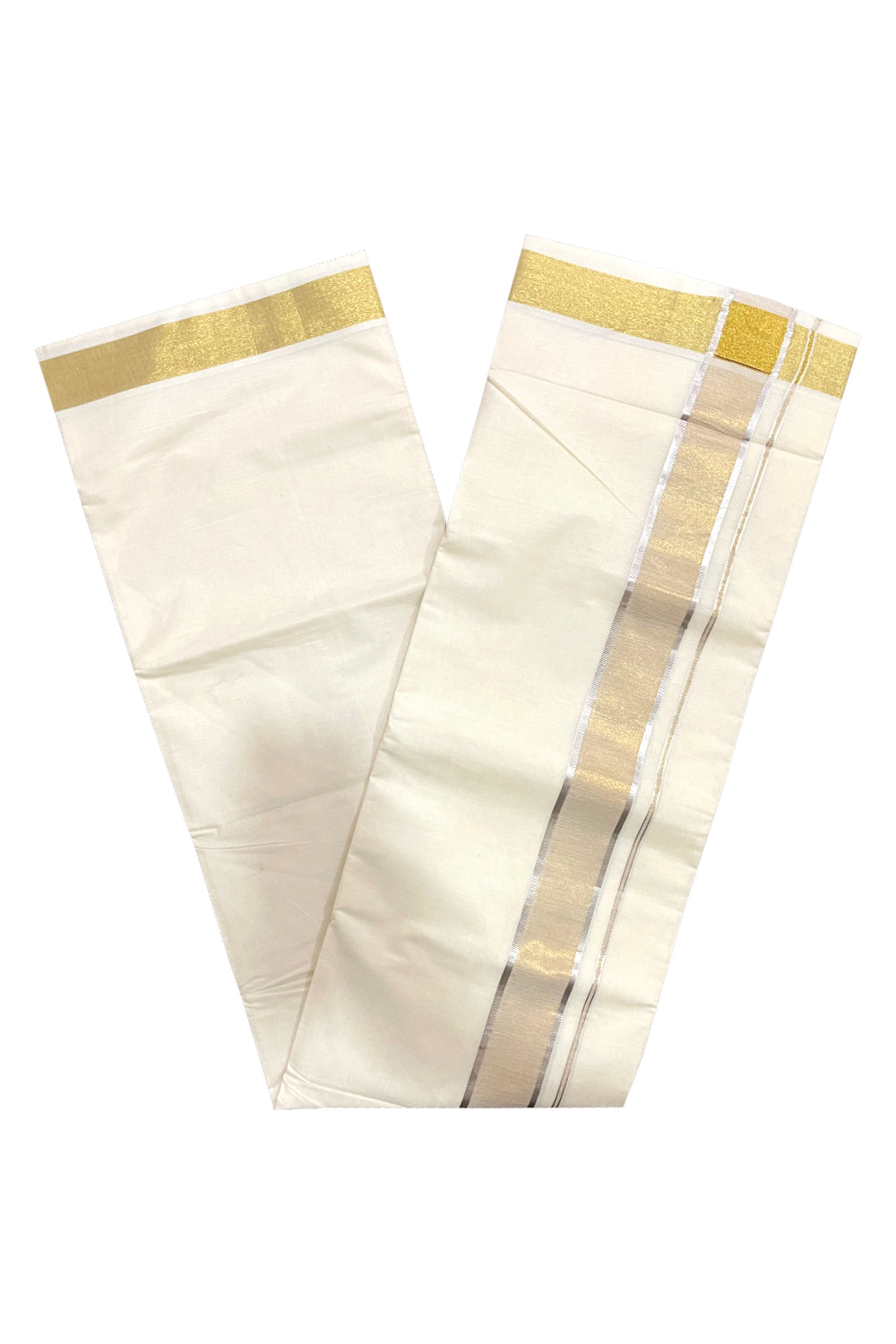 Pure Cotton Off White Double Mundu with Silver and Golden Kasavu Border (South Indian Dhoti)