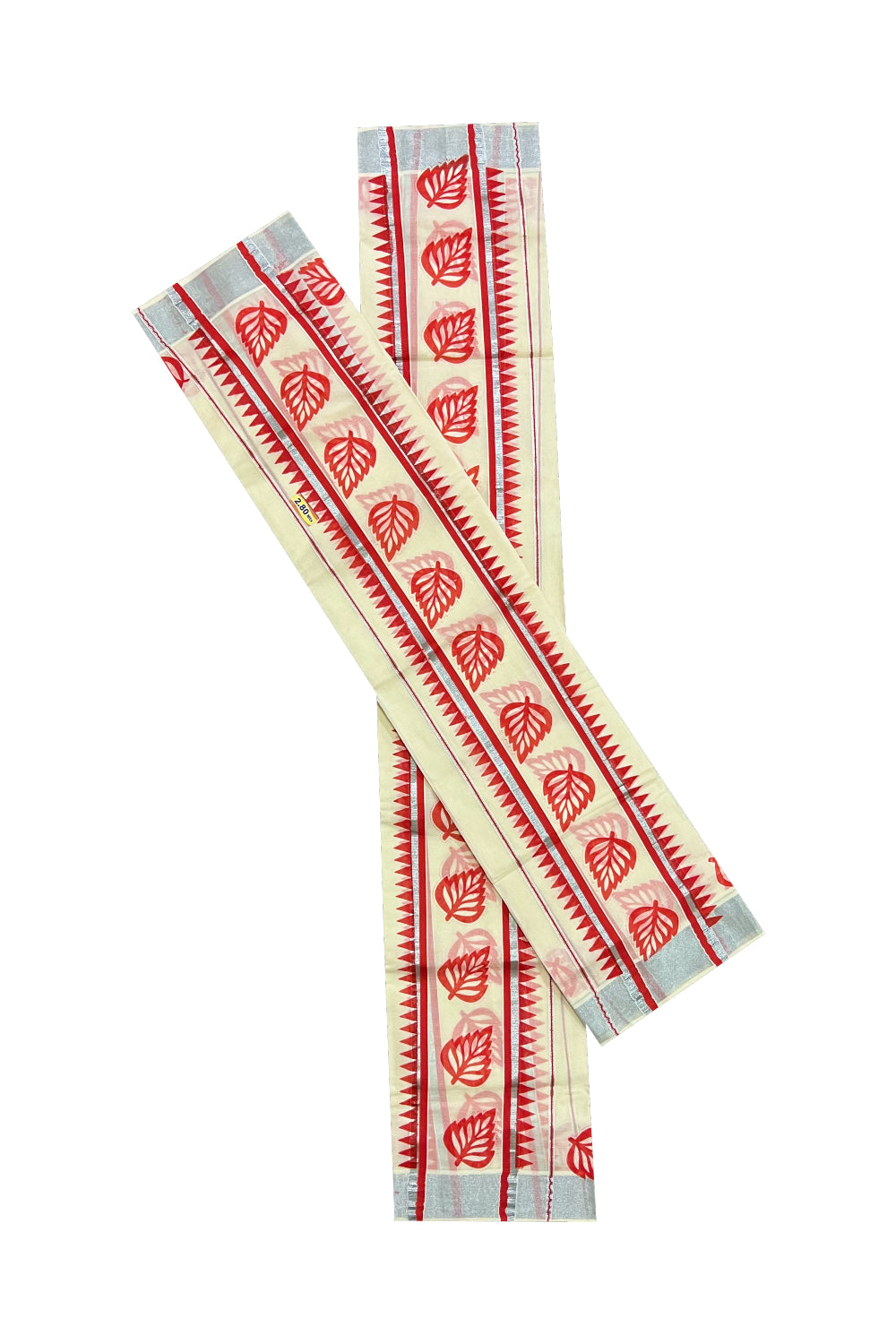 Kerala Cotton Mundum Neriyathum Single (Set Mundu) with Red Leaf Temple Block Prints and Silver Kasavu Border 2.80 Mtrs