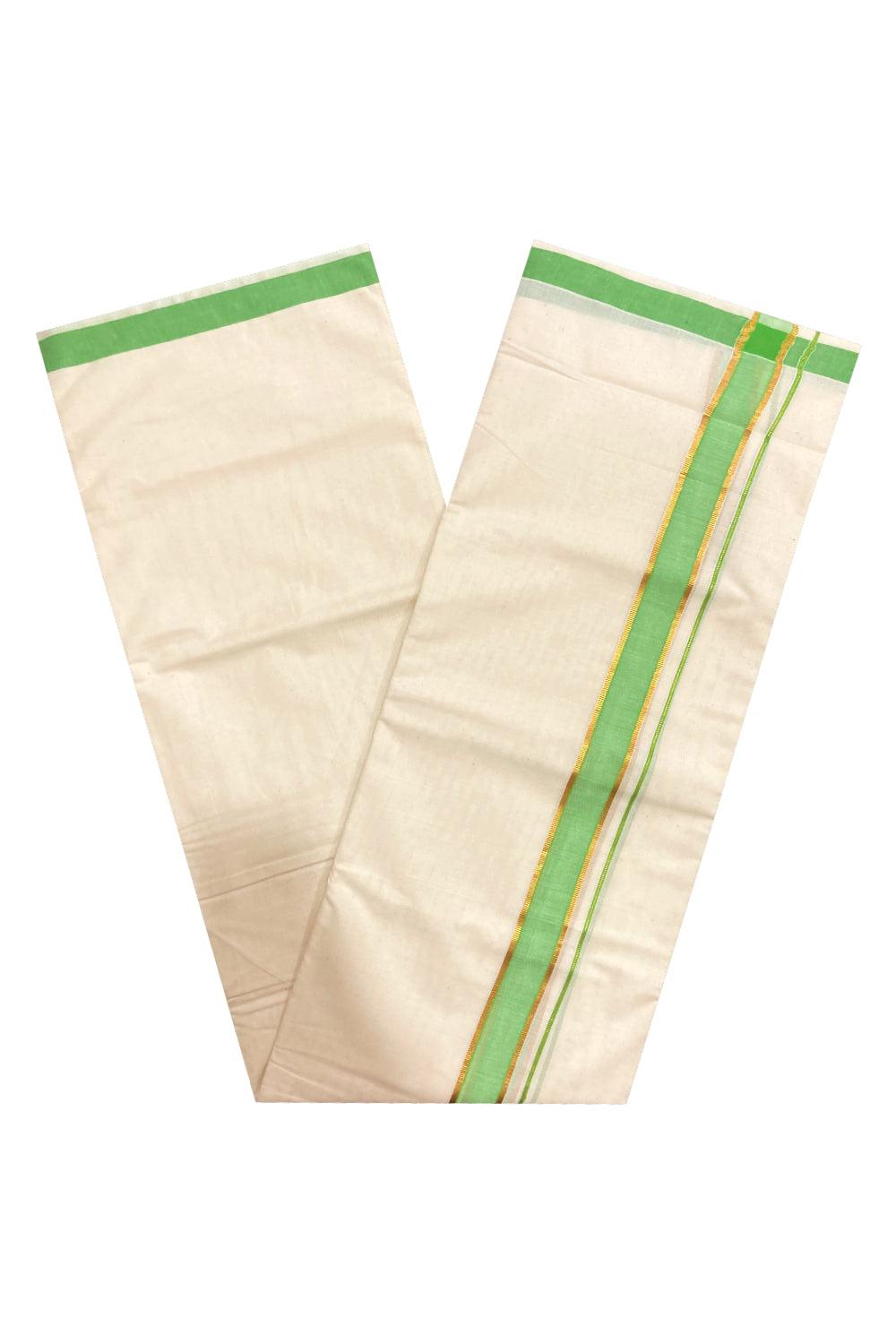 Pure Cotton Double Mundu with Green and Kasavu Border (South Indian Dhoti)