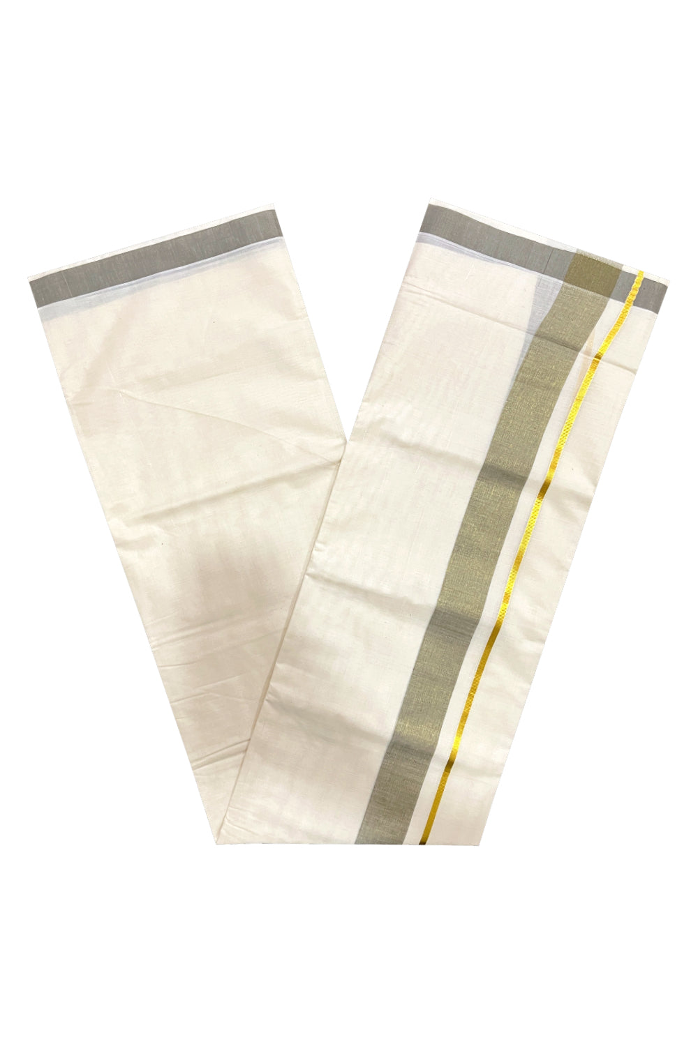 Pure Cotton Double Mundu with Kasavu Green Kara (South Indian Kerala Dhoti)