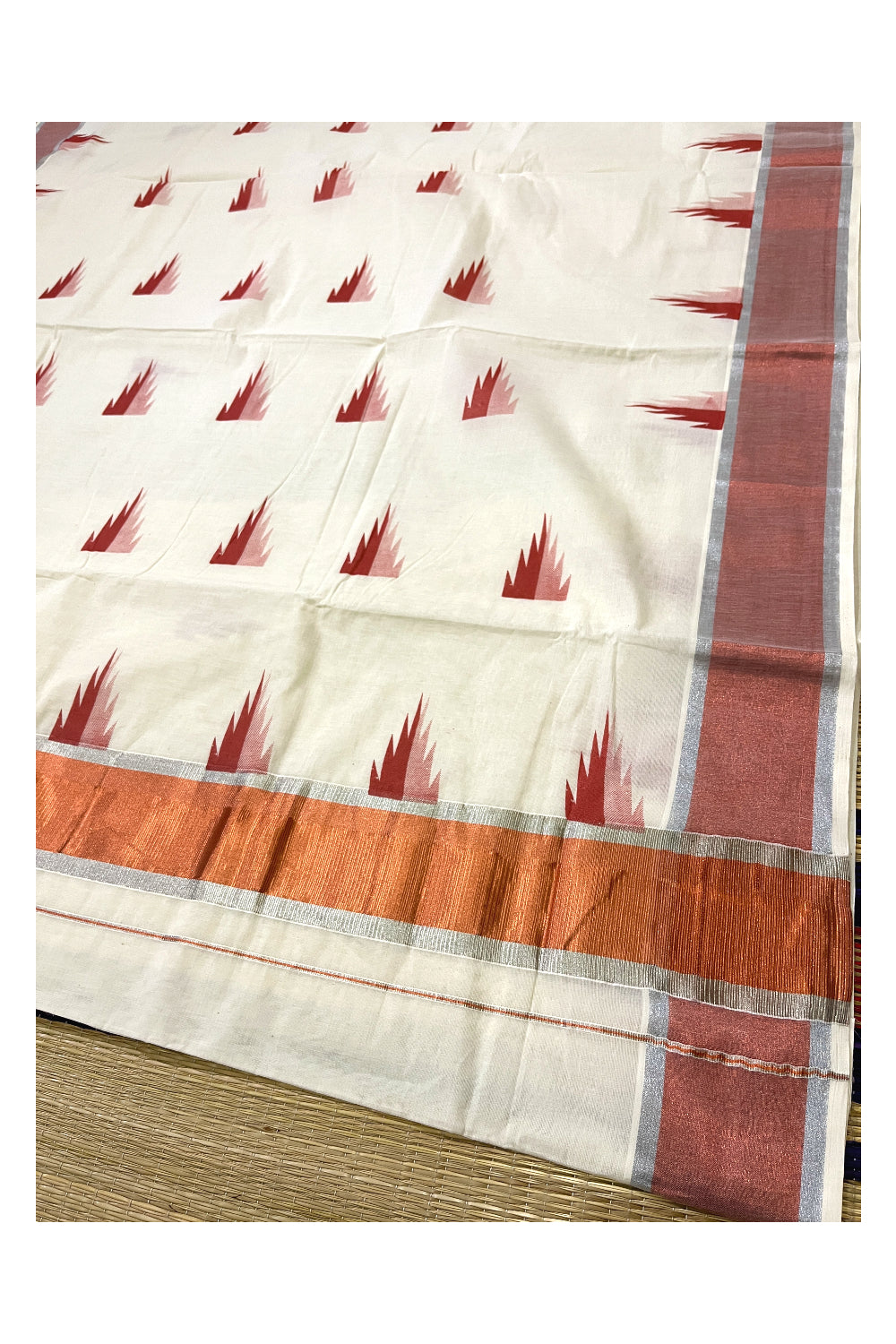 Pure Cotton Kerala Saree with Copper and Silver Kasavu Temple Block Printed Border (Vishu Saree 2023)