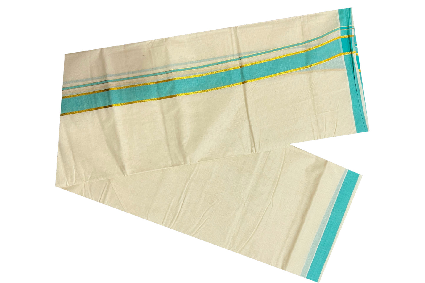 Off White Kerala Double Mundu with Kasavu and Turquoise Border (South Indian Dhoti)