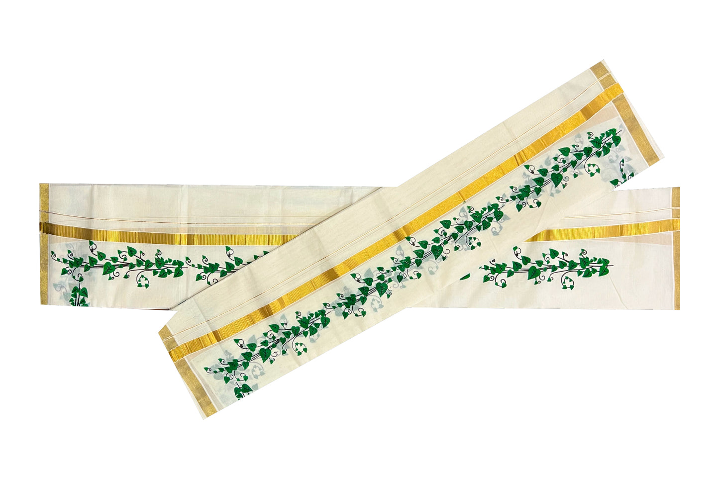 Kerala Cotton Kasavu Set Mundu (Mundum Neriyathum) with Green Leaf Block Prints on Border