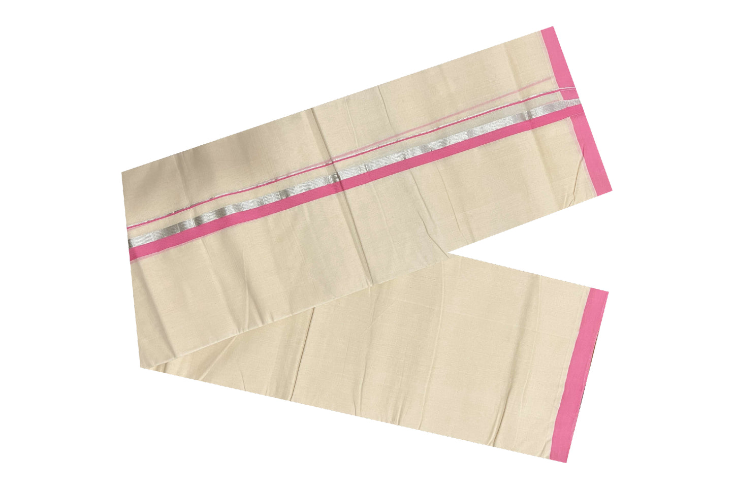 Off White Pure Cotton Double Mundu with Silver Kasavu and Pink Kara (South Indian Dhoti)