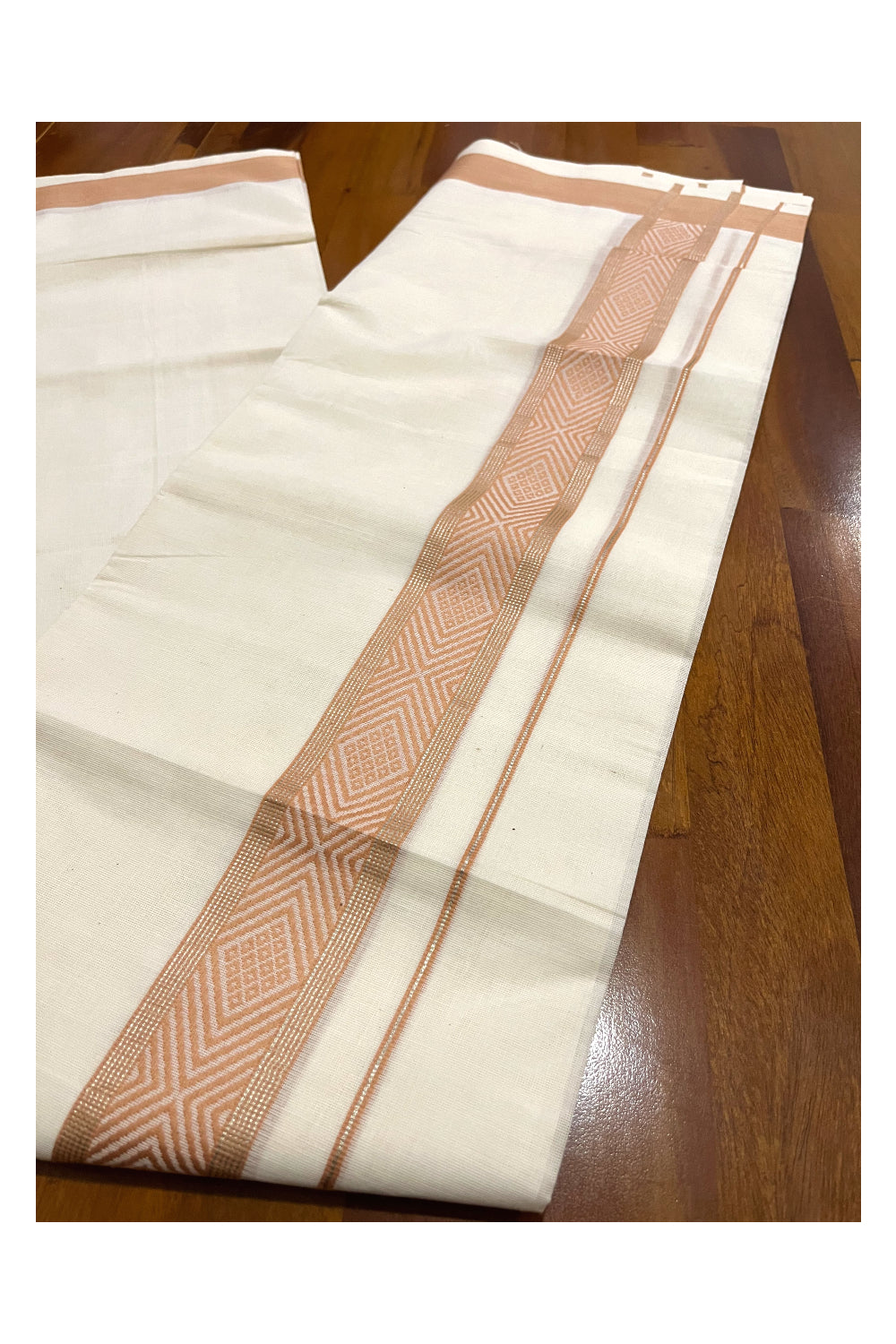 Pure Cotton Off White Double Mundu with Silver Kasavu and Sandal Woven Border (South Indian Dhoti)