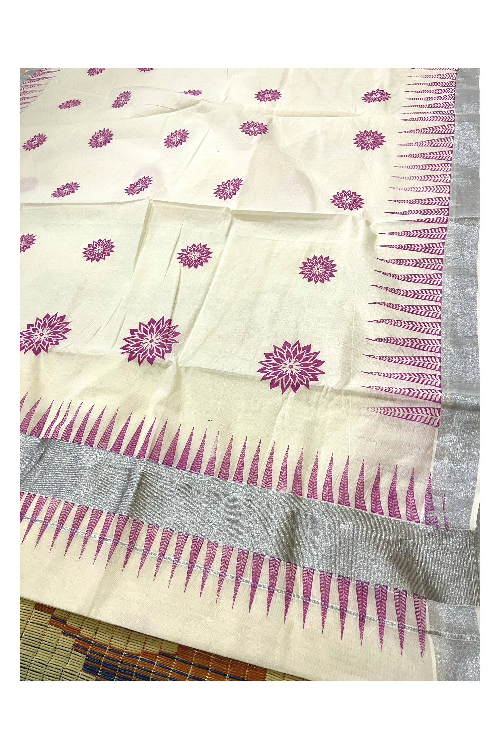 Pure Cotton Kerala Saree with Pink Temple Block Prints and Silver Kasavu Border (Onam Saree 2023)