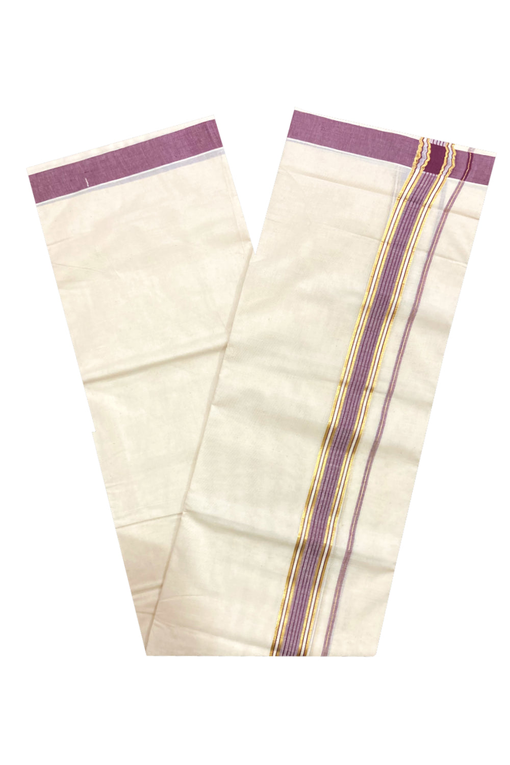 Pure Cotton Off White Double Mundu with Violet and Kasavu Border (South Indian Dhoti)