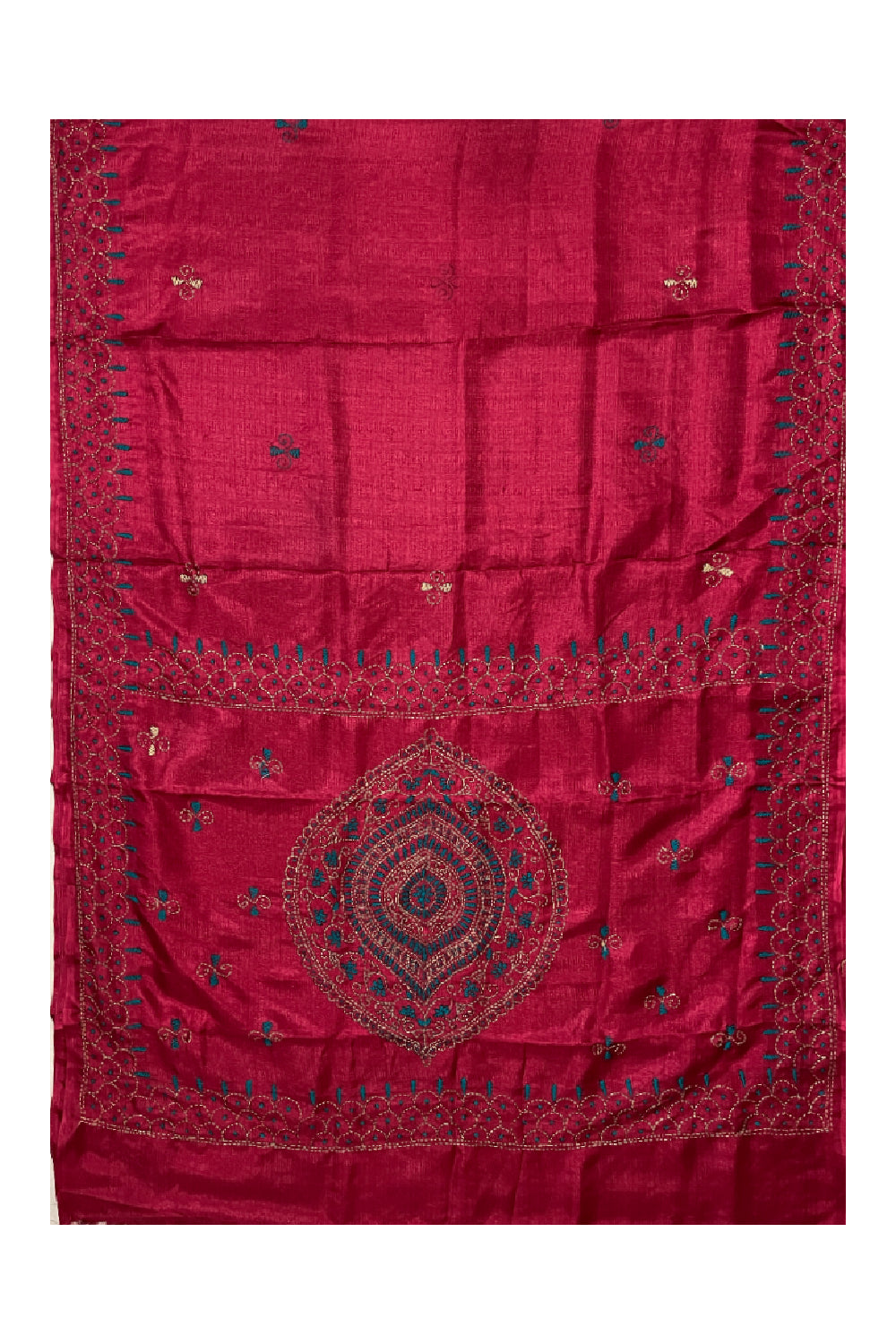 Southloom Semi Tussar Kantha Thread Work Maroon Saree