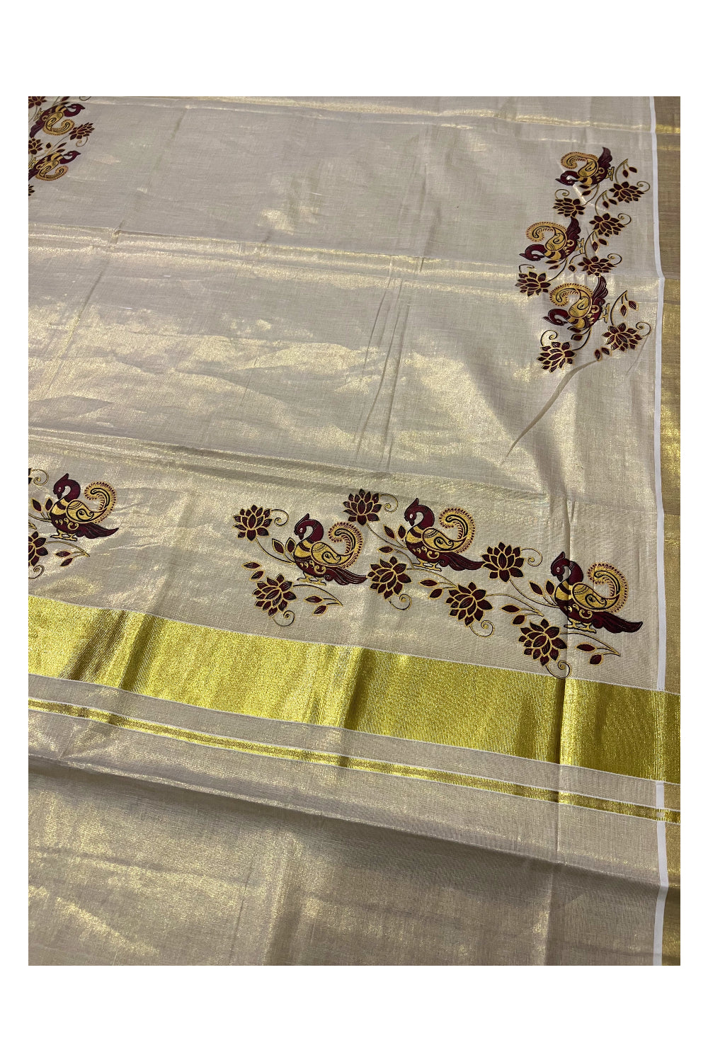 Kerala Tissue Kasavu Saree With Mural Maroon Peacock and Floral Printed Design