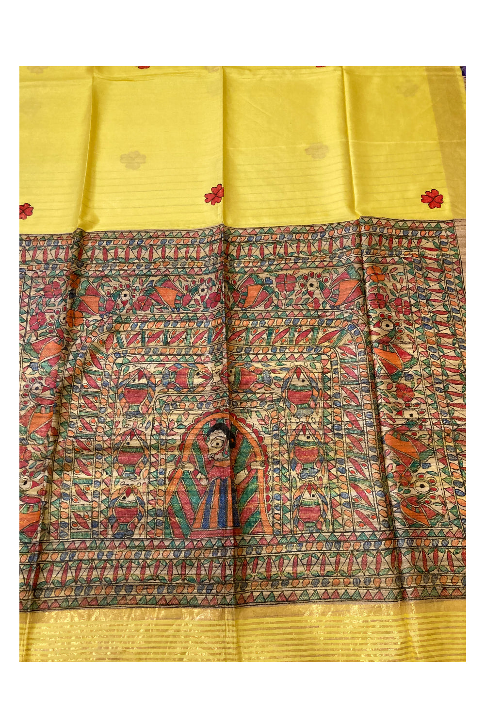 Southloom Soft Silk Yellow Saree with Multi-Coloured Art Works on Pallu