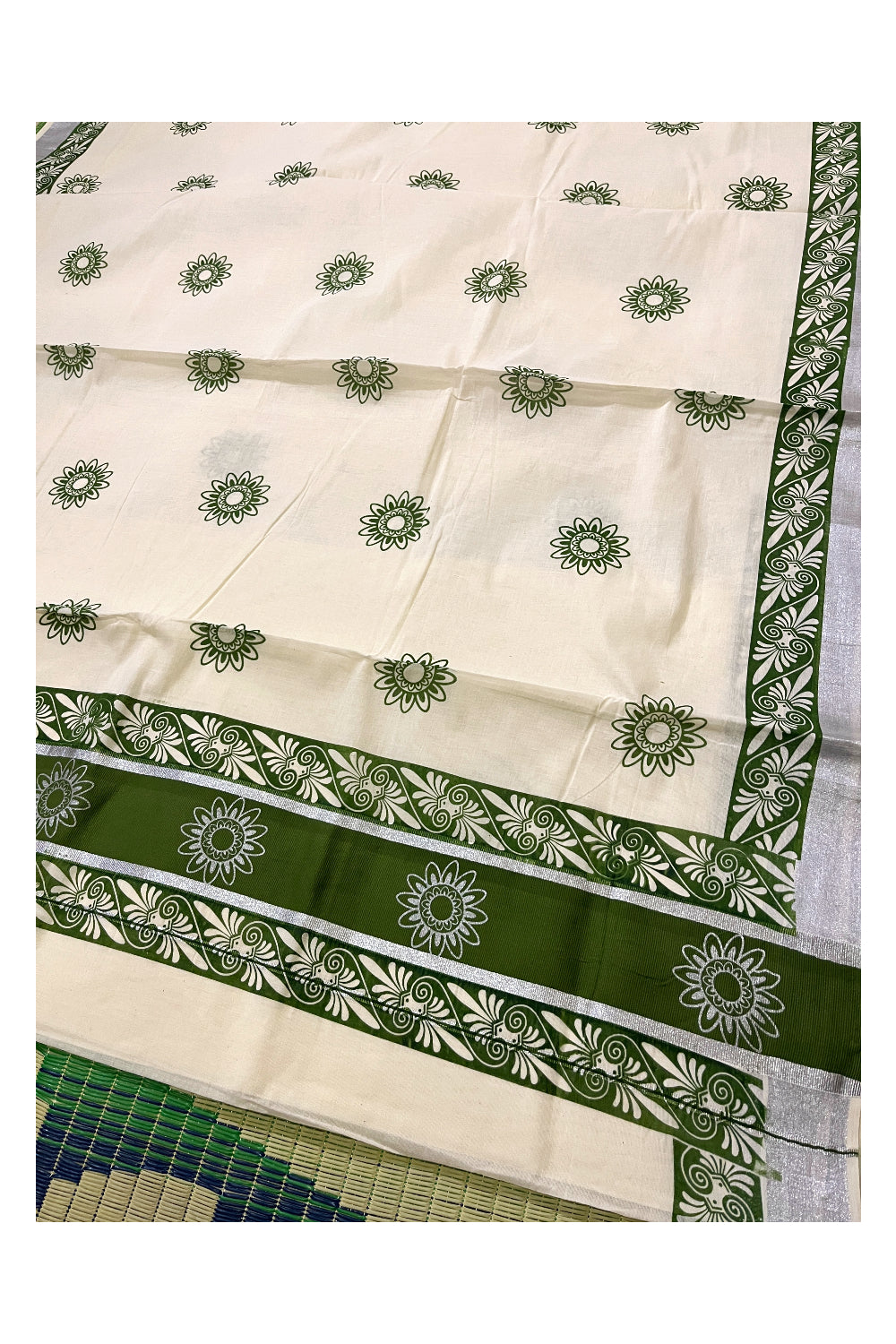 Pure Cotton Kerala Saree with Green Block Prints and Silver Kasavu Border (Onam Saree 2023)