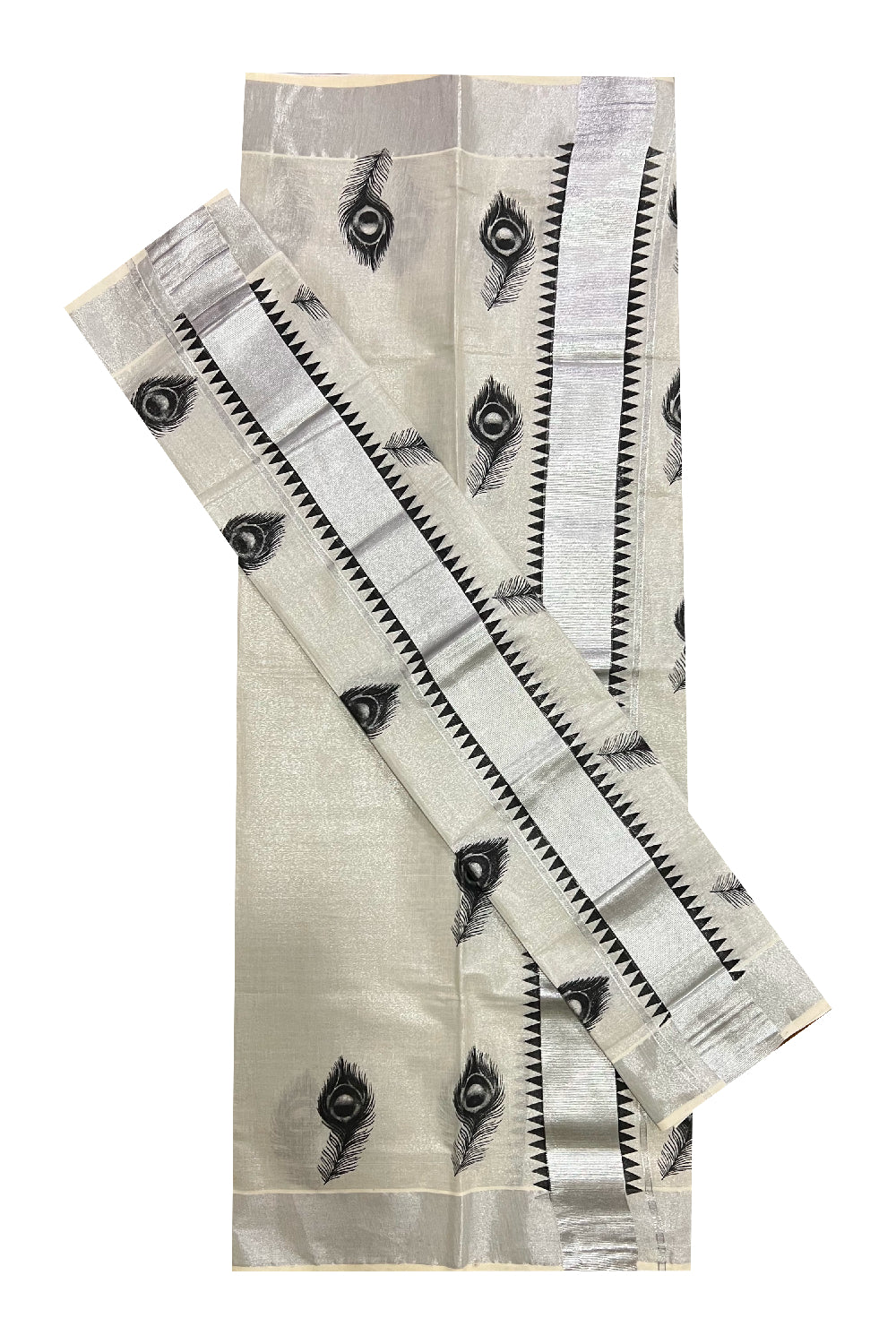 Kerala Silver Tissue Kasavu Set Mundu (Mundum Neriyathum) with Black Feather and Temple Block Prints on Border